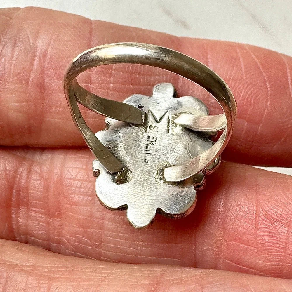 Navajo Flower Ring Turquoise Sz 7 Sterling Silver Signed Morgan Native Amer